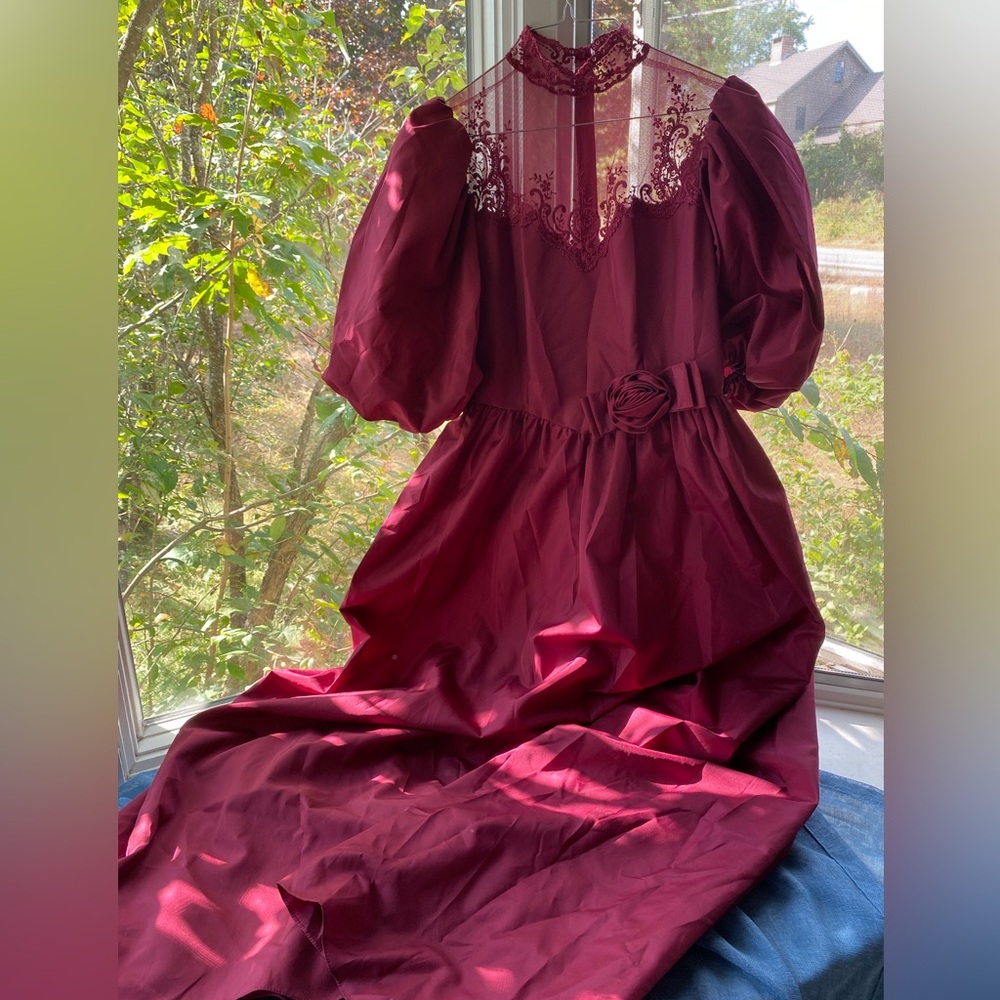 vintage handmade burgundy puffy sleeve dress